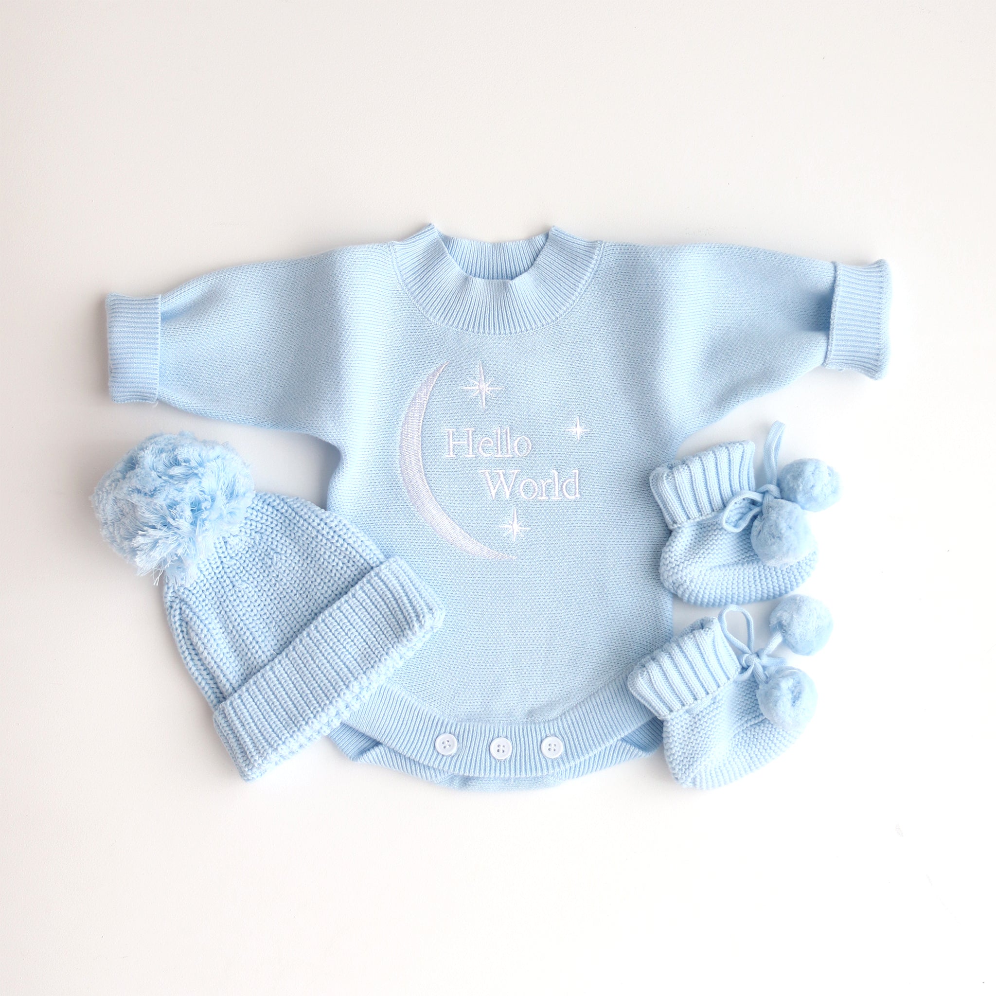 Heirloom Romper - Baby Blue Hello World with matching beanie and booties