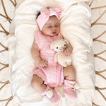 Florence lace knitted bubble romper is in a bundle with booties and bow and save 10% when purchasing the bundle. Lace knit cotton is perfect for summer