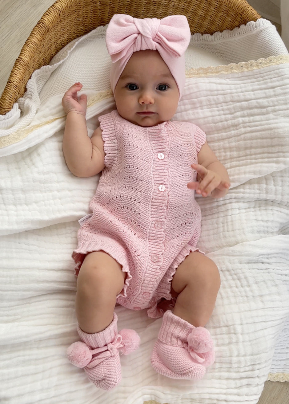 Florence lace knitted bubble romper is in a bundle with booties and bow and save 10% when purchasing the bundle. Lace knit cotton is perfect for summer