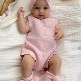 Florence lace knitted bubble romper is in a bundle with booties and bow and save 10% when purchasing the bundle. Lace knit cotton is perfect for summer