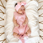 Florence lace knitted bubble romper is in a bundle with booties and bow and save 10% when purchasing the bundle. Lace knit cotton is perfect for summer