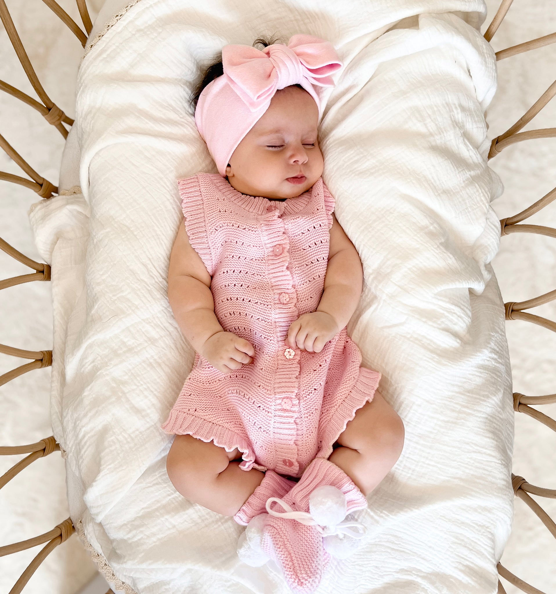 Florence lace knitted bubble romper is in a bundle with booties and bow and save 10% when purchasing the bundle. Lace knit cotton is perfect for summer