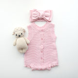 Florence lace knitted bubble romper is in a bundle with booties and bow and save 10% when purchasing the bundle. Lace knit cotton is perfect for summer