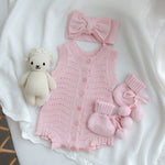 Florence lace knitted bubble romper is in a bundle with booties and bow and save 10% when purchasing the bundle. Lace knit cotton is perfect for summer