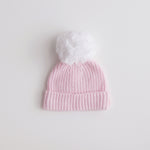 cute-pretty-pink-beanie -pink base & warm white pom pom