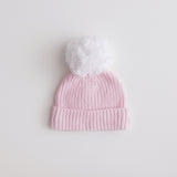 cute-pretty-pink-beanie -pink base & warm white pom pom