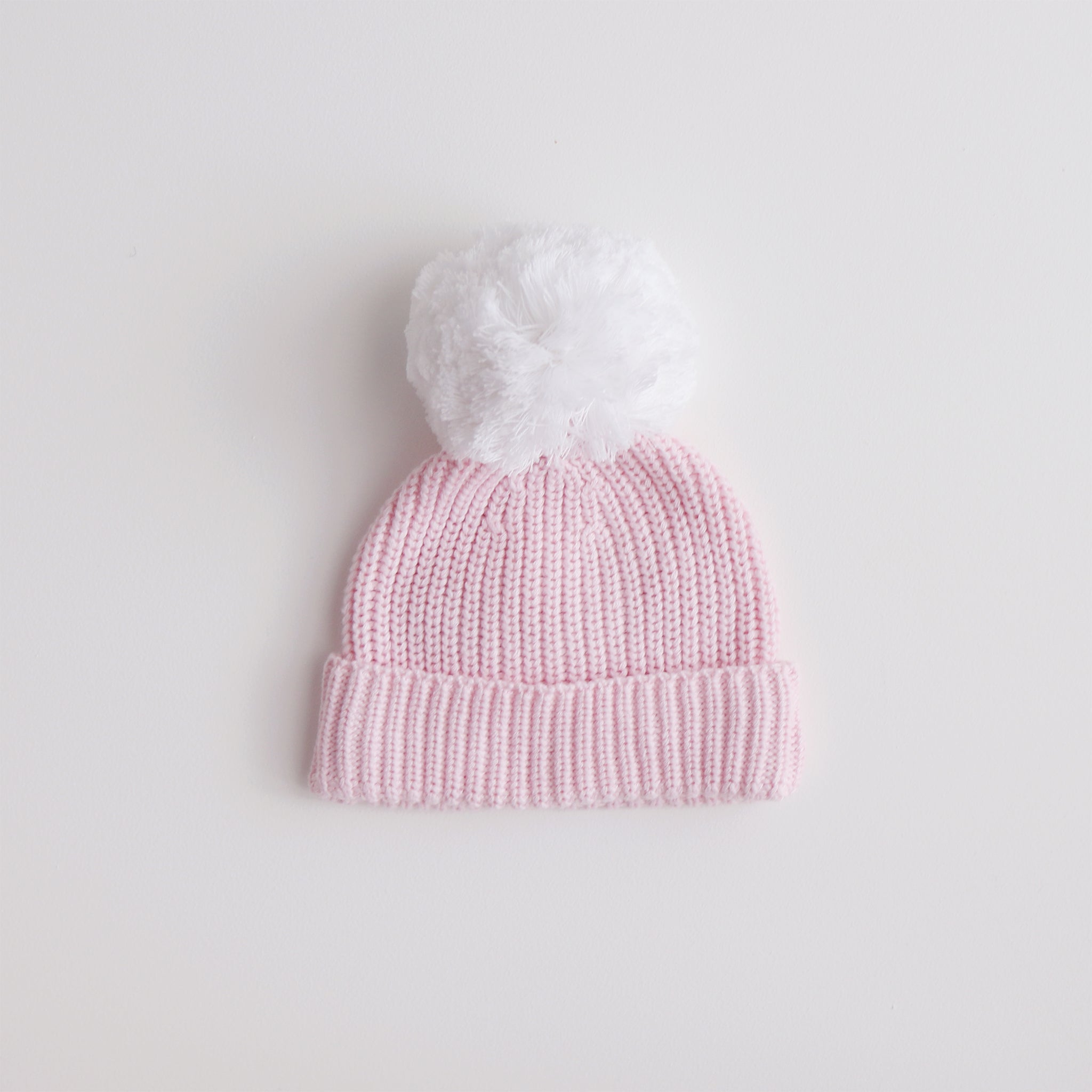 cute-pretty-pink-beanie -pink base & warm white pom pom