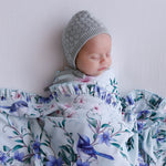 mint fairy wren frill jersey wrap and sage grey bonnet