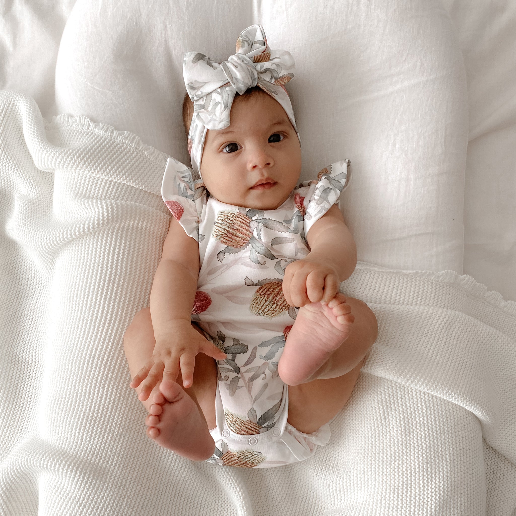 banksia frill short sleeve bodysuit and banksia bow
