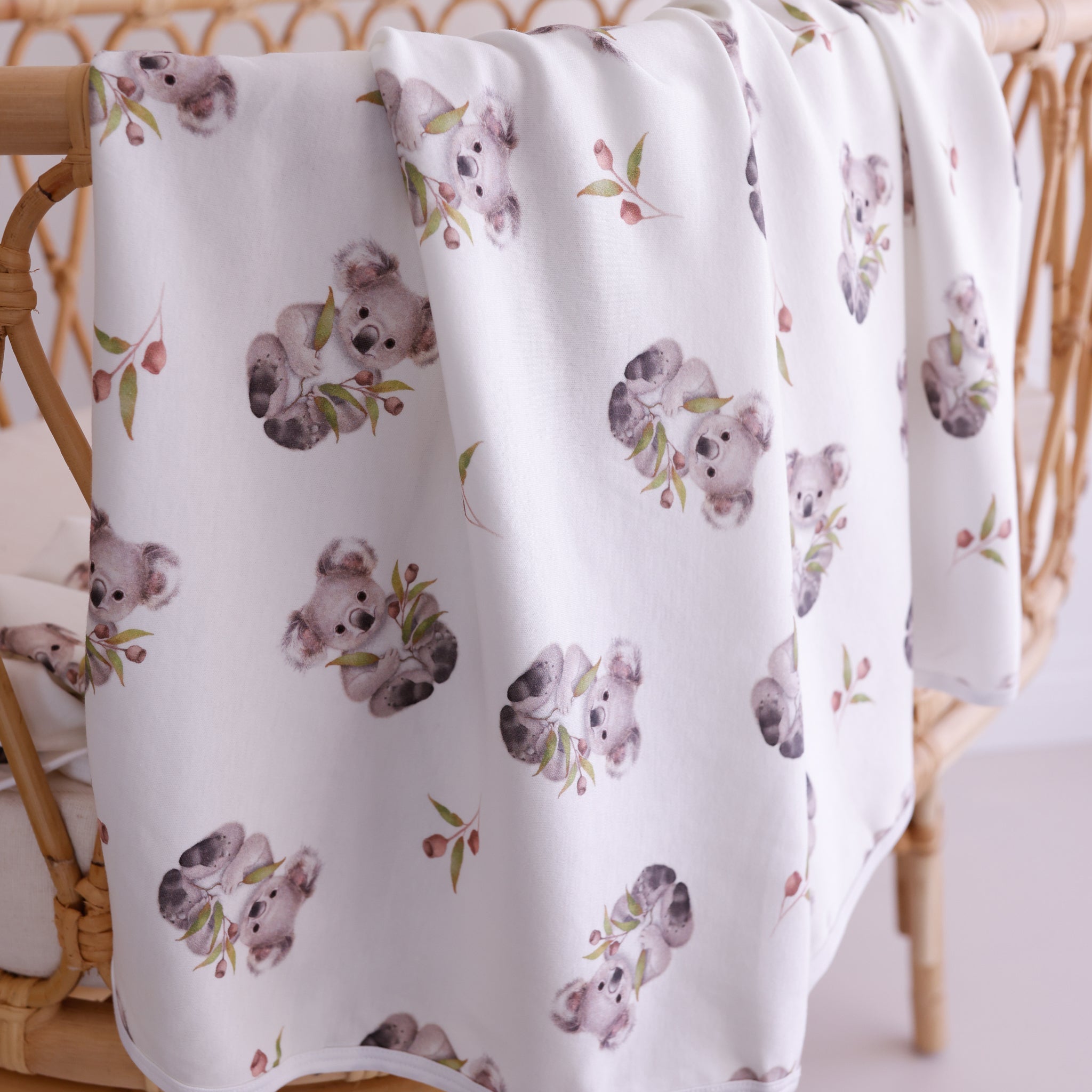 Koala a cuddly icon is perfectly drawn and place as a beautiful pattern onto Gots certified interlock cotton wrap just for your bubs. size 120 x 120cm. no synthetic blends for your bub
