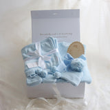 Baby Gift Box – Baby Blue Knit Romper, Booties, Beanie & Disc and Blanket