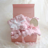 Baby Gift Box – Pink Frill Knit Romper,  Frill-Booties, Beanie & Disc She's Here, Pink Ribbon, Blanket