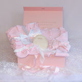 Baby Gift Box – Pink Posy Romper, Frill Booties, Bow, Blanket & Disc She's Here
