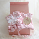 Baby Gift Box – Pink Frill Knit Romper, Booties, Beanie, Disc and Blanket