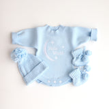 Heirloom Romper - Baby Blue Hello World with matching beanie and booties