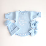 Heirloom Romper - Baby Blue Hello World with matching beanie and booties