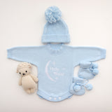 Heirloom Romper - Baby Blue Hello World with matching beanie and booties