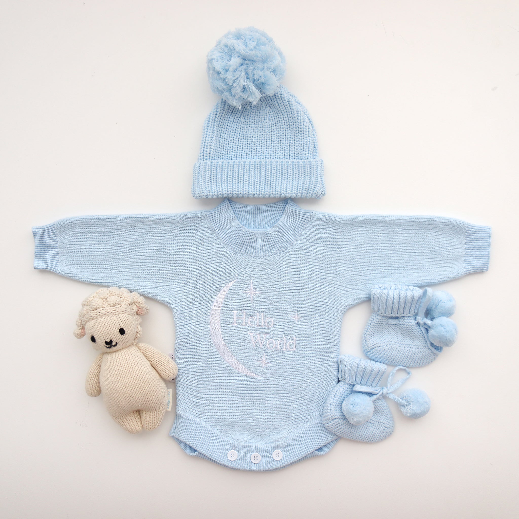 Heirloom Romper - Baby Blue Hello World with matching beanie and booties