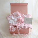 Baby Gift Box – Frill Knit Romper, Booties, Bow & Disc and Blanket