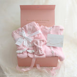 Baby Gift Box – Frill Knit Romper, Frilly Booties, Bow and Blanket