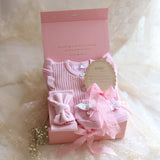 Baby Gift Box – Pink Frill Knit Romper, Frill Booties, Bow & Disc She's Here, Pink Ribbon