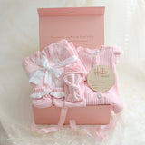 Baby Gift Box – Pink Frill Knit Romper, Frill Booties, Bow & Hello World Disc and Blanket
