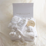 Baby Gift Box – Warm White Knit Romper, Booties, Beanie & Disc Hello White and Blanket