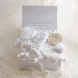 Baby Gift Box – Warm White Knit Romper, Booties, Bonnet & Disc Hello Blue and Blanket