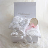 Baby Gift Box – Warm White Knit Romper, Booties, Bonnet & Disc and Blanket