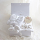 Baby Gift Box – Warm White Knit Romper, Booties, Bow & Disc and Blanket