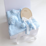 Baby Gift Set – Blue Knit Romper, Booties & Beanie He's Here-Blue, White Ribbon