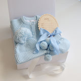 Baby Gift Set – Blue Knit Romper, Booties & Beanie, He's Here, Blue Ribbon