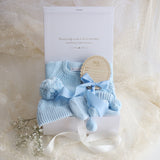 Baby Gift Set – Blue Knit Romper, Booties & Beanie, He's Here, Blue Ribbon
