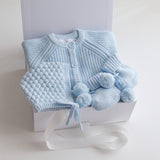 Baby Gift Set – Blue Knit Romper, Booties & Bonnet