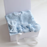 Baby Gift Set – Blue Knit Romper, Booties & Bow
