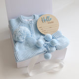 Baby Gift Set – Hello World Disc, Blue Knit Romper, Booties, Beanie