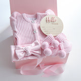 Baby Gift Set – Hello World Disc, Pink Frill Knit Romper, Booties, Bow