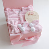 Baby Gift Set – Hello World Disc, Pink Frill Knit Romper, Cute Booties, Bow
