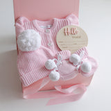 Baby Gift Set – Hello World Disc, Pink Frill Knit Romper, Cute Booties, Cute Beanie
