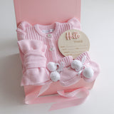 Baby Gift Set – Hello World Disc, Pink Frill Knit Romper, Cute Booties, One Size Bow