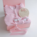 Baby Gift Set – Hello World Disc, Pink Frill Knit Romper, Frill Booties, Bonnet