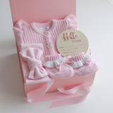 Baby Gift Set – Hello World Disc, Pink Frill Knit Romper, Frill Booties, Bow