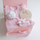 Baby Gift Set – Hello World Disc, Pink Frill Knit Romper, Frill Booties, Cute Beanie