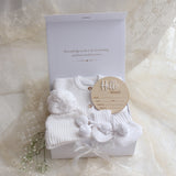 Baby Gift Set – Hello World Disc, Warm White Knit Romper, Booties, Beanie