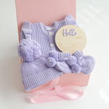 Baby Gift Set – Hello World Disc, Lavender Frill Knit Romper, Booties, Beanie