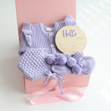 Baby Gift Set – Hello World Disc, Lavender Frill Knit Romper, Booties, Bonnet