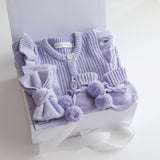 Baby Gift Set – Lavender Frill Knit Romper, Booties, Bow