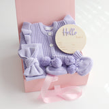 Baby Gift Set – Hello World Disc, Lavender Frill Knit Romper, Booties, Bow