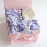 Baby Gift Set – Lavender Frill Knit Romper, Booties, Bow & Disc She's Here-White Ribbon