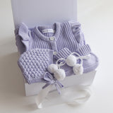 Baby Gift Set – Lavender Frill Knit Romper, Cute Booties, Bonnet